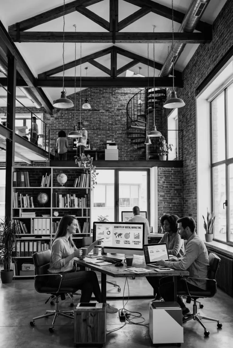 Modern digital marketing office workspace with team collaborating on website and marketing projects